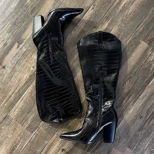 Nasty Gal Wide Fit Faux Leather Croc Knee High Western Boots